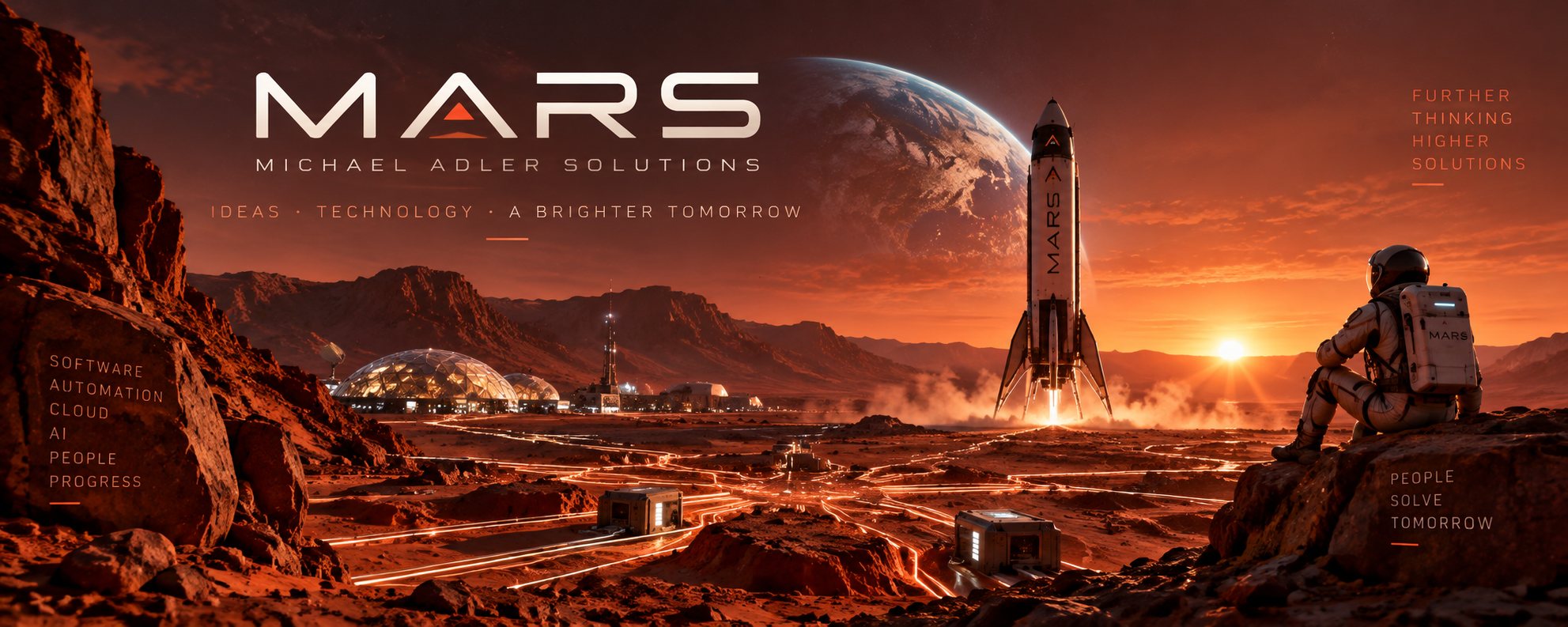 Mars at dusk with domes, a rocket and glowing network lines